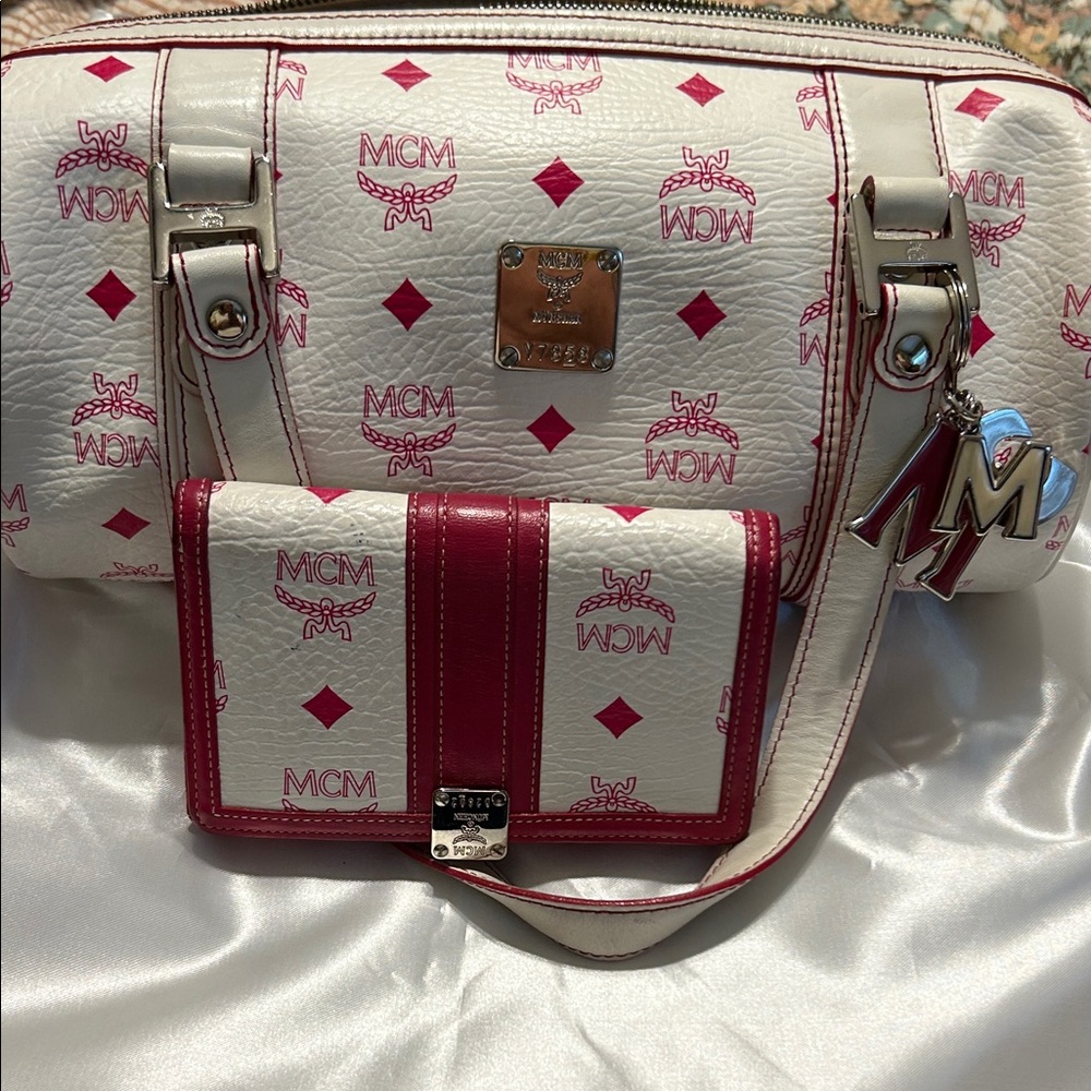 MCM White and Pink Shoulder Bag with MCM wallet.